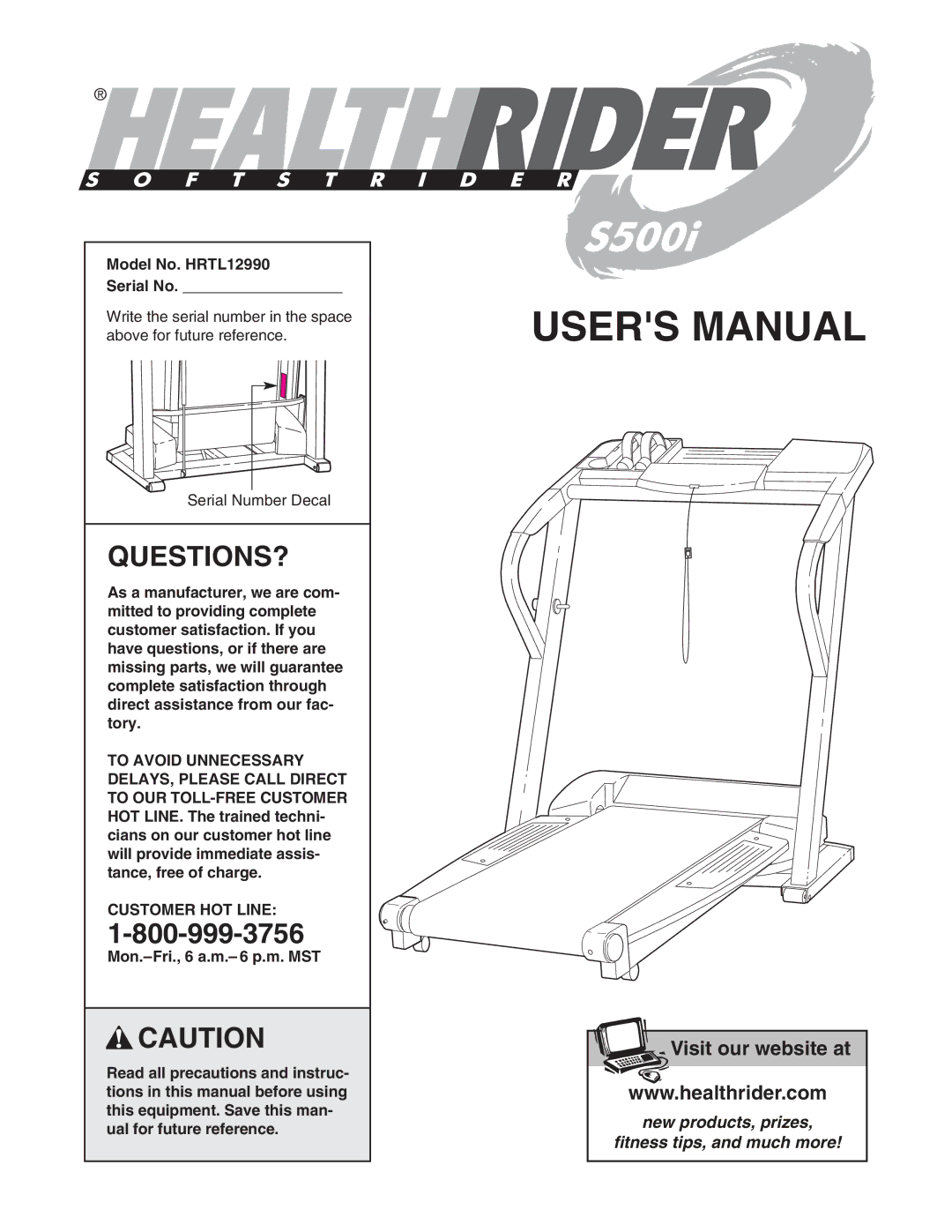 Healthrider manual Questions?, Model No. HRTL12990 Serial No, Customer HOT Line 