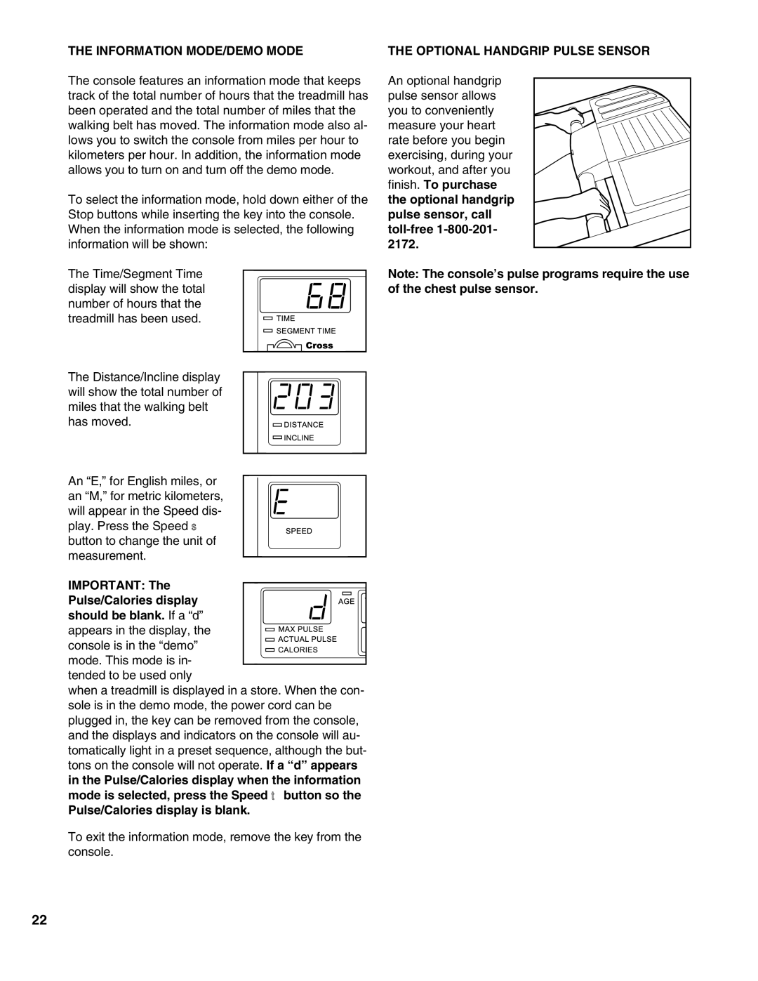 Healthrider HRTL12990 manual Information MODE/DEMO Mode, Pulse/Calories display is blank, Optional Handgrip Pulse Sensor 