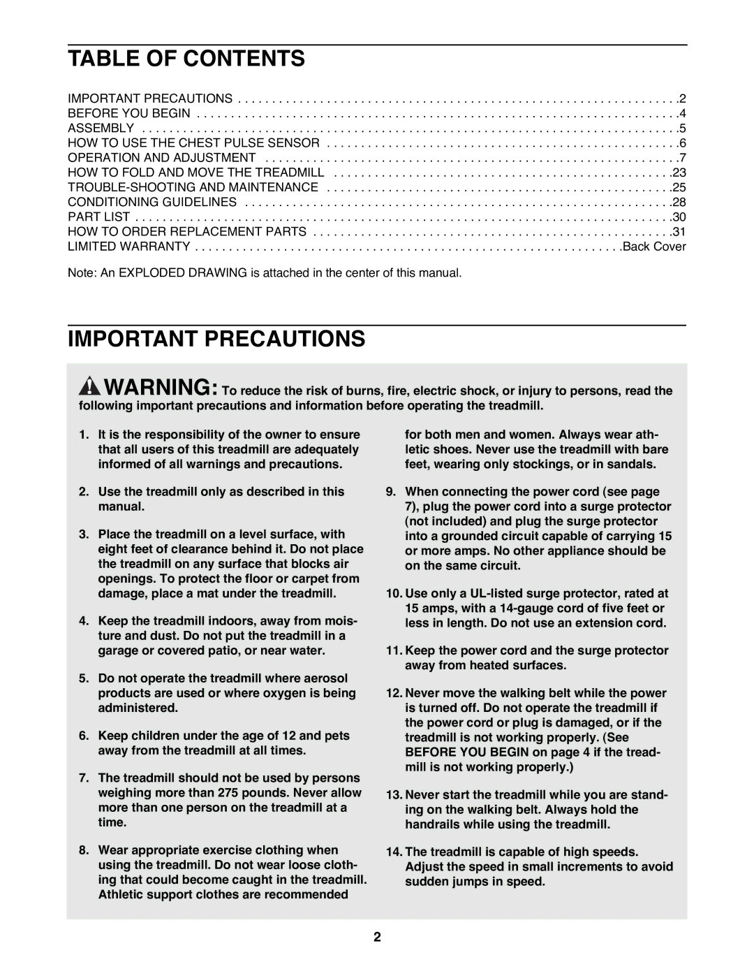 Healthrider HRTL12992 manual Table of Contents, Important Precautions 