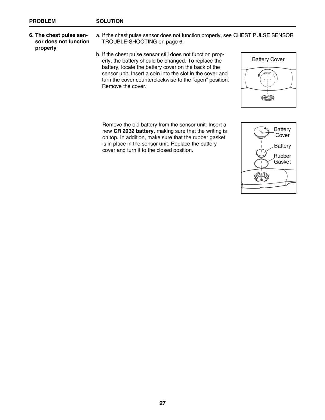 Healthrider HRTL12992 manual Chest pulse sen- sor does not function properly 