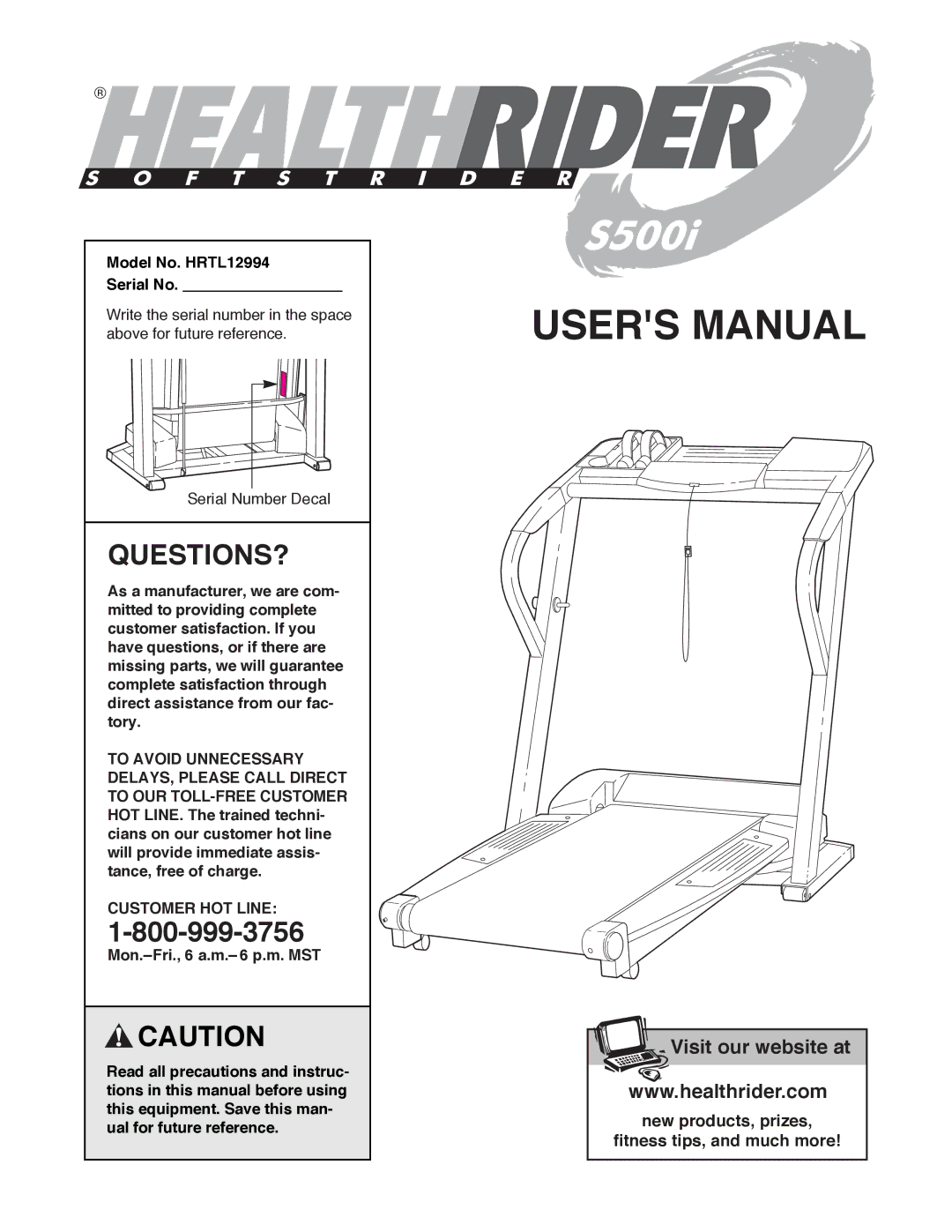 Healthrider manual Questions?, Model No. HRTL12994 Serial No, Customer HOT Line 