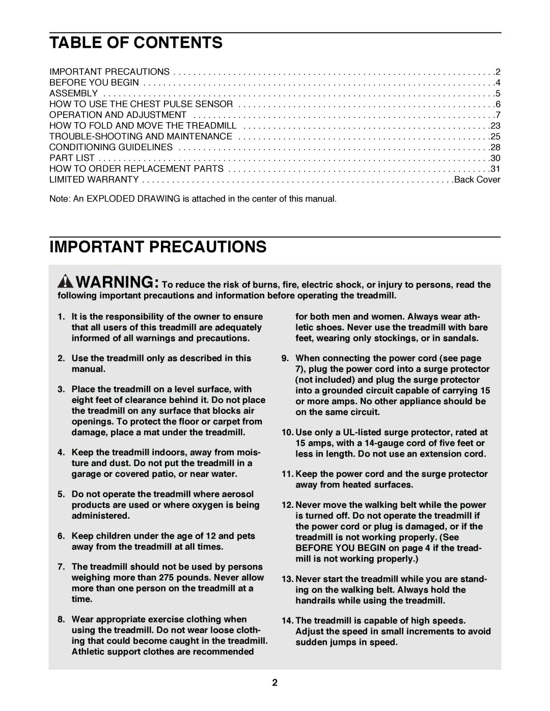 Healthrider HRTL12994 manual Table of Contents, Important Precautions 