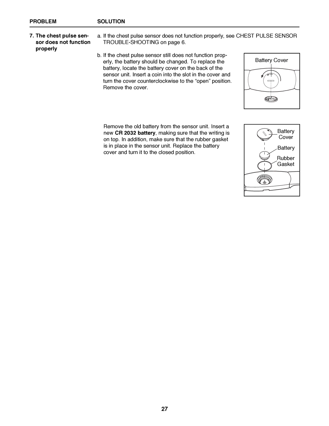 Healthrider HRTL12994 manual Chest pulse sen- sor does not function properly 