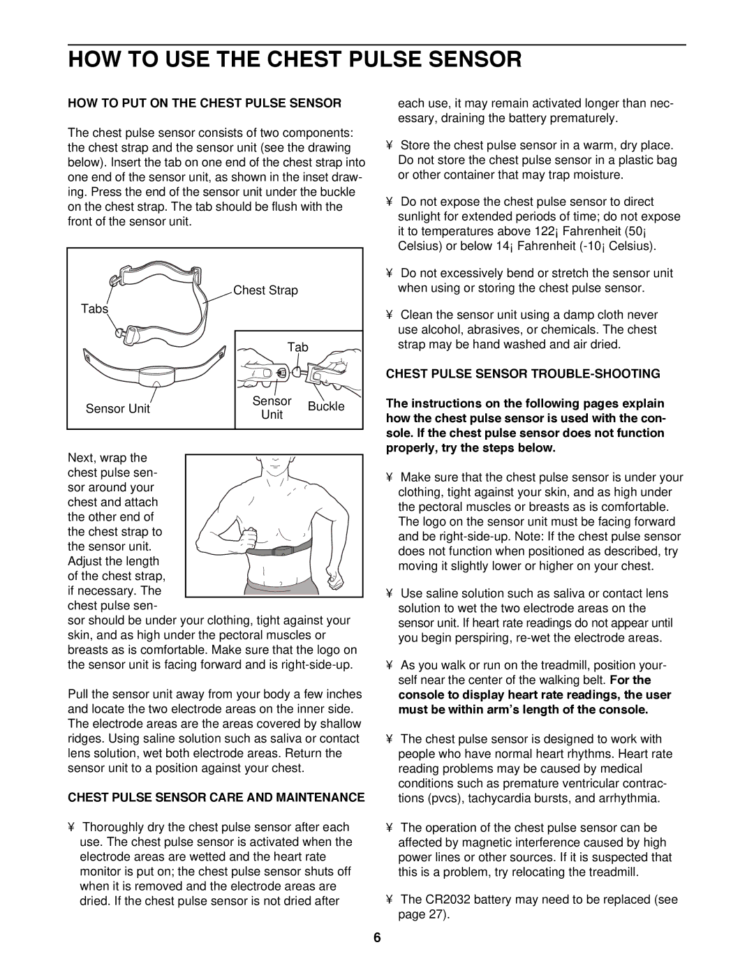 Healthrider HRTL12994 manual HOW to USE the Chest Pulse Sensor, HOW to PUT on the Chest Pulse Sensor 
