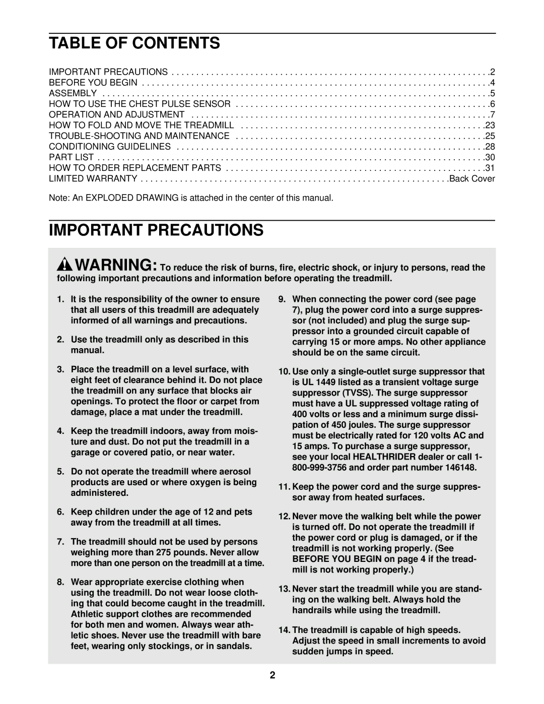 Healthrider HRTL14900 manual Table of Contents, Important Precautions 