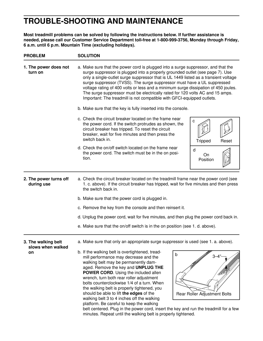 Healthrider HRTL14910 manual TROUBLE-SHOOTING and Maintenance, Problemsolution, Power does not turn on 