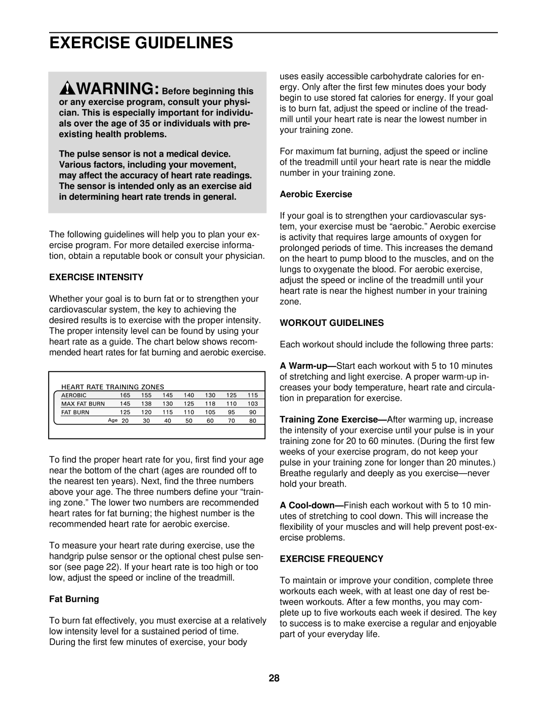 Healthrider HRTL14910 manual Exercise Guidelines, Exercise Intensity, Workout Guidelines, Exercise Frequency 