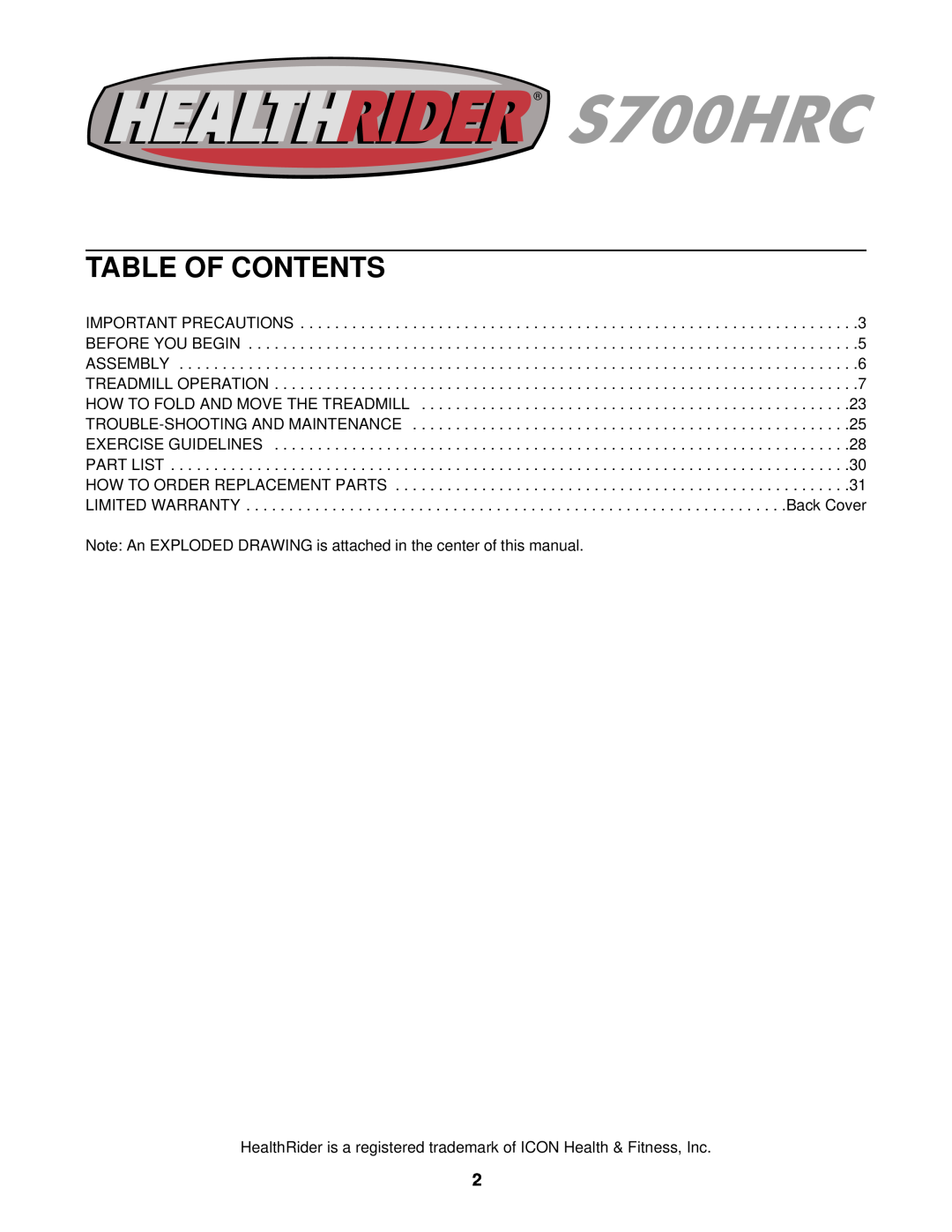 Healthrider HRTL14910 Table Of Contents, Note An EXPLODED DRAWING is attached in the center of this manual 