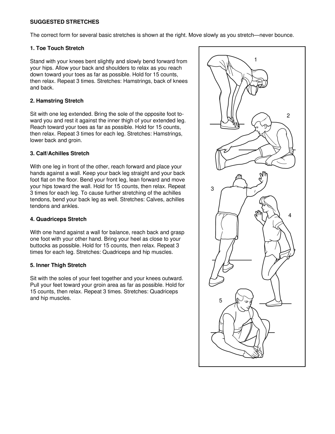 Healthrider HRTL14910 Suggested Stretches, Toe Touch Stretch, Hamstring Stretch, Calf/Achilles Stretch, Quadriceps Stretch 