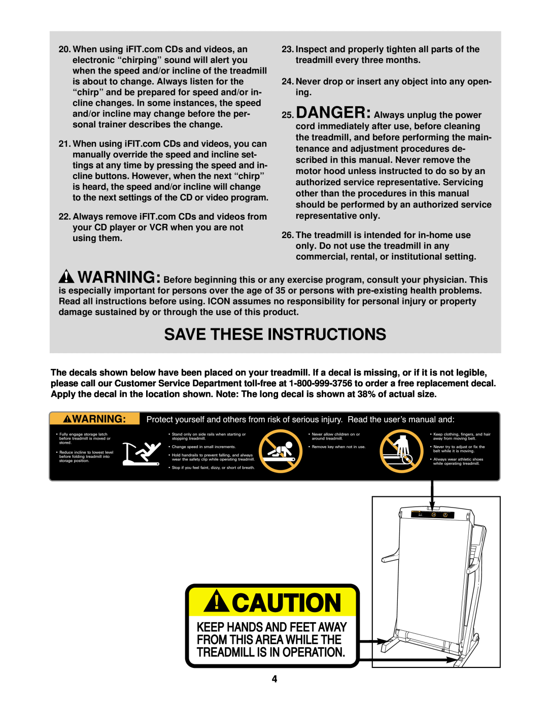Healthrider HRTL14910 manual Save These Instructions, Never drop or insert any object into any open- ing 