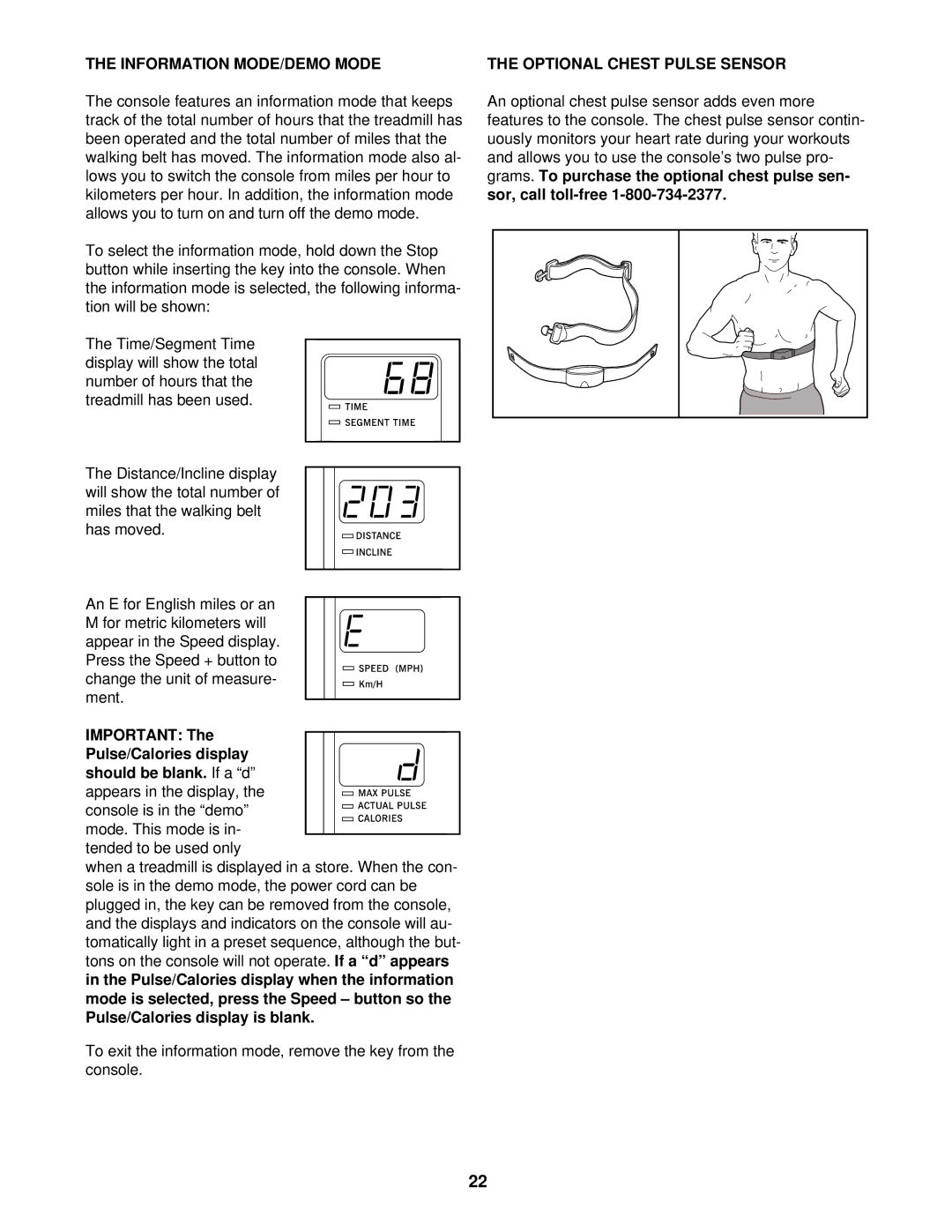 Healthrider HRTL14911 manual Information MODE/DEMO Mode, Optional Chest Pulse Sensor 