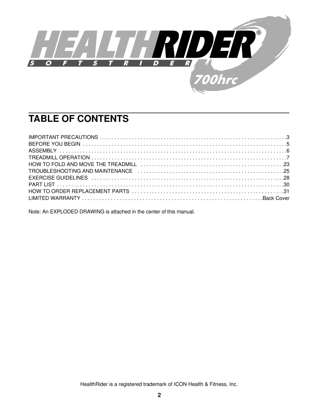 Healthrider HRTL14912 manual Table of Contents 