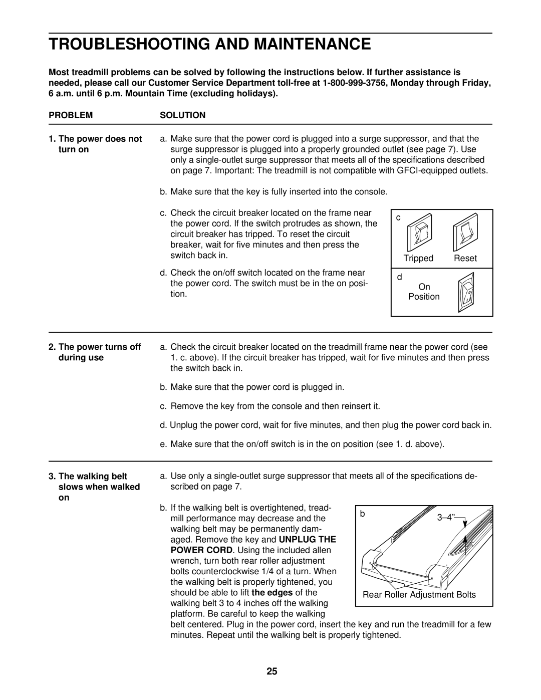 Healthrider HRTL14912 Troubleshooting and Maintenance, Problemsolution, Power does not turn on, Power turns off during use 