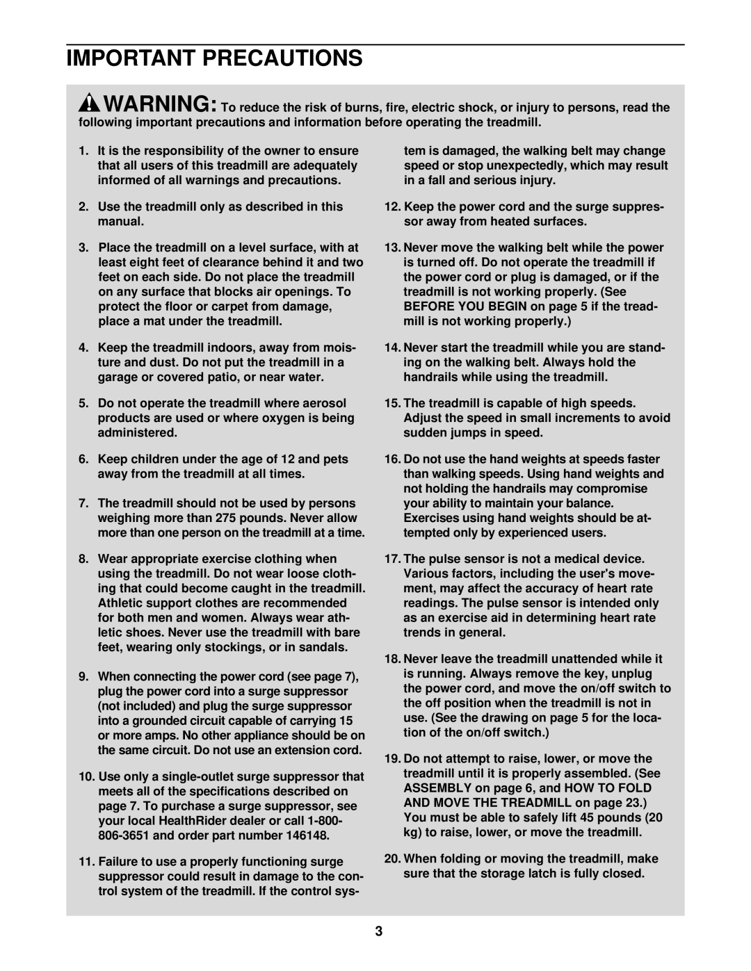 Healthrider HRTL14912 manual Important Precautions 