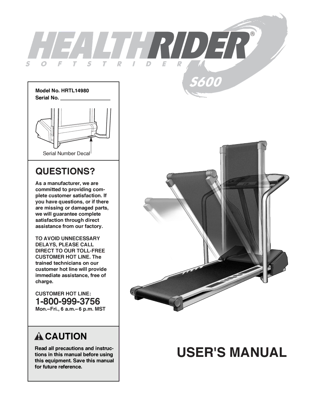 Healthrider manual Questions?, Model No. HRTL14980 Serial No, Customer HOT Line 