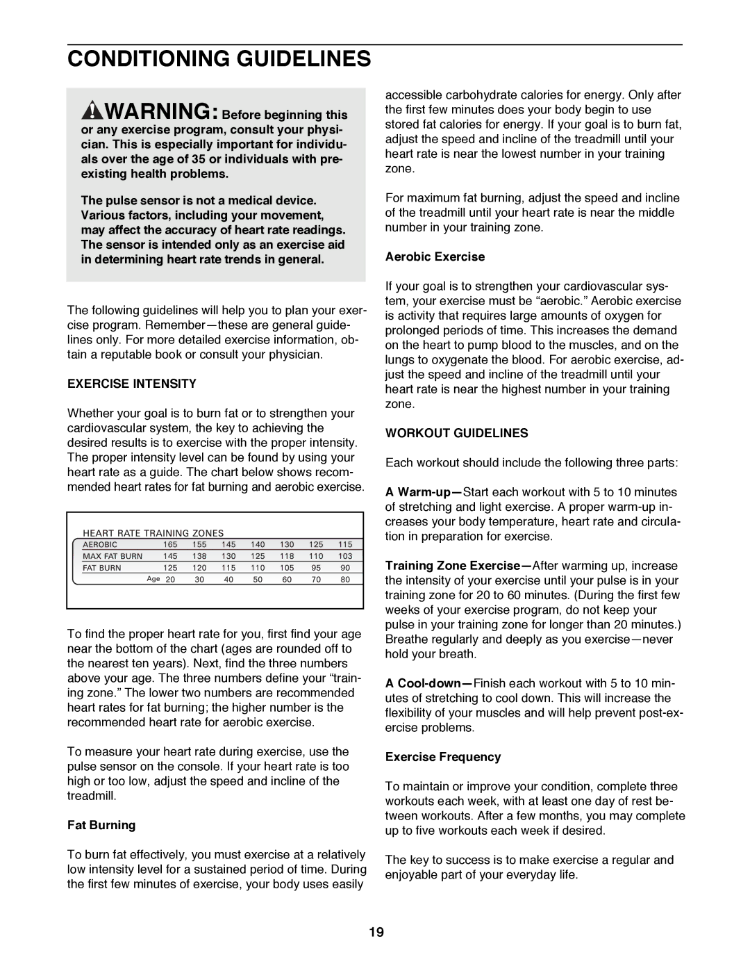 Healthrider HRTL14980 manual Conditioning Guidelines, Exercise Intensity, Workout Guidelines 