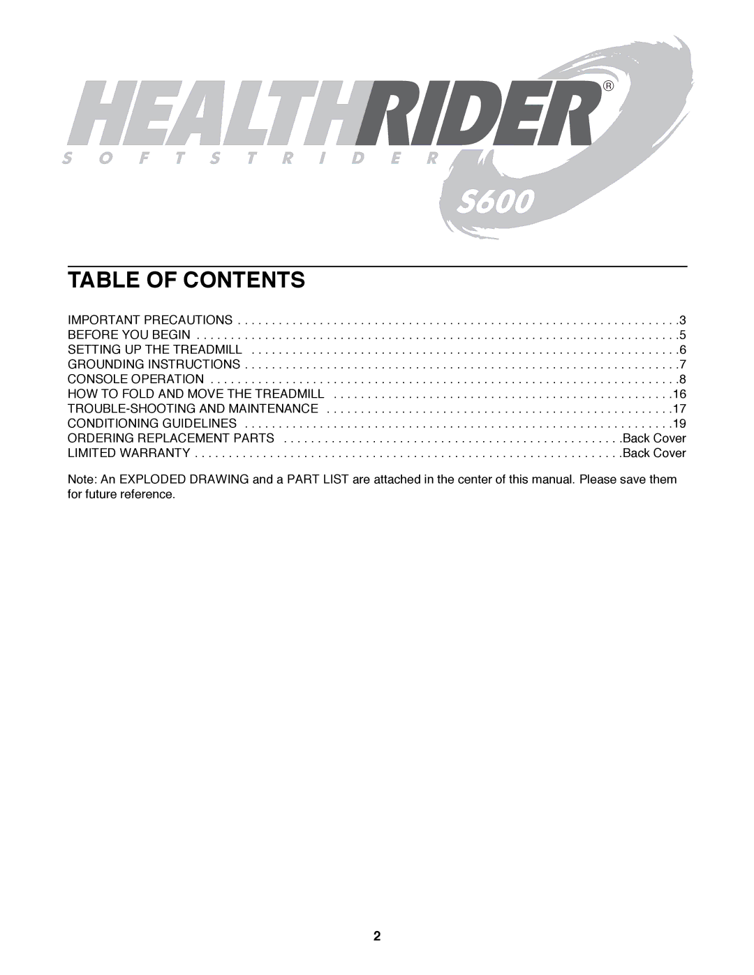 Healthrider HRTL14980 manual Table of Contents 