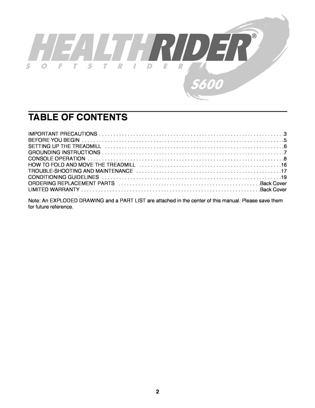 Healthrider HRTL14980 manual Table Of Contents 