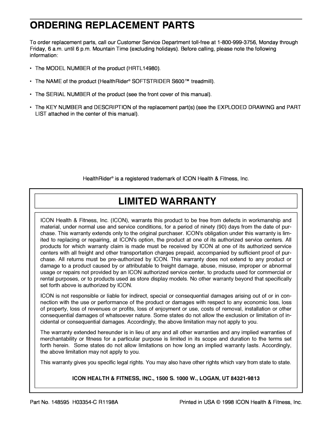 Healthrider HRTL14980 manual Ordering Replacement Parts, Limited Warranty 