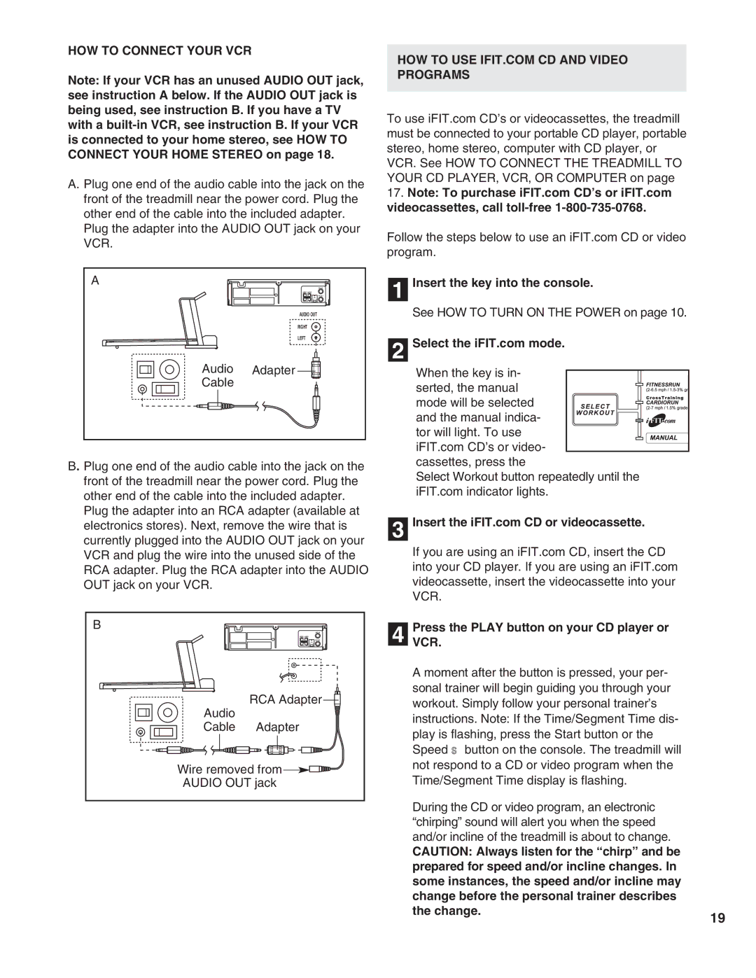 Healthrider HRTL16900 HOW to Connect Your VCR, Audio Adapter Cable, PressVCR. the Play button on your CD player or, Change 