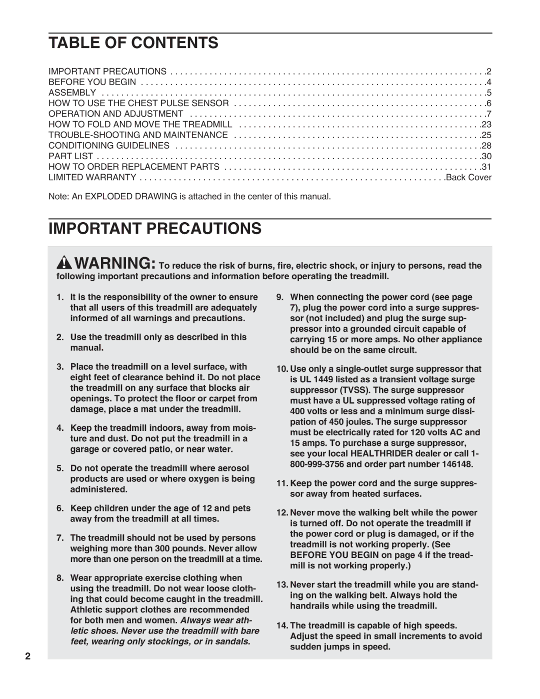 Healthrider HRTL16900 manual Table of Contents, Important Precautions 