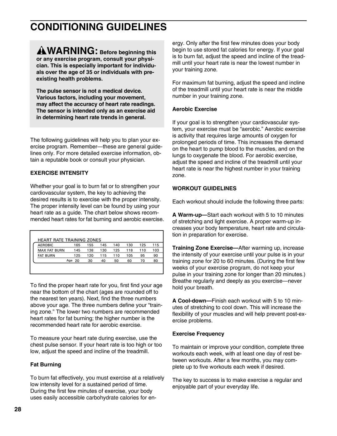 Healthrider HRTL16900 manual Conditioning Guidelines, Exercise Intensity, Workout Guidelines 