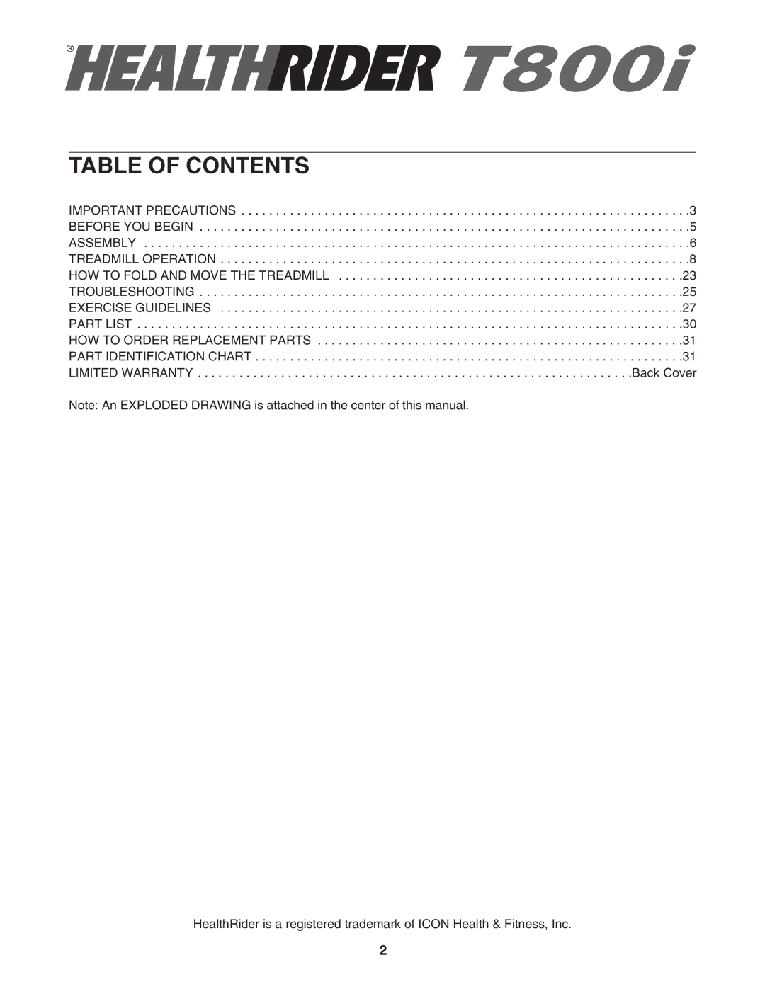 Healthrider HRTL16940 manual Table of Contents 