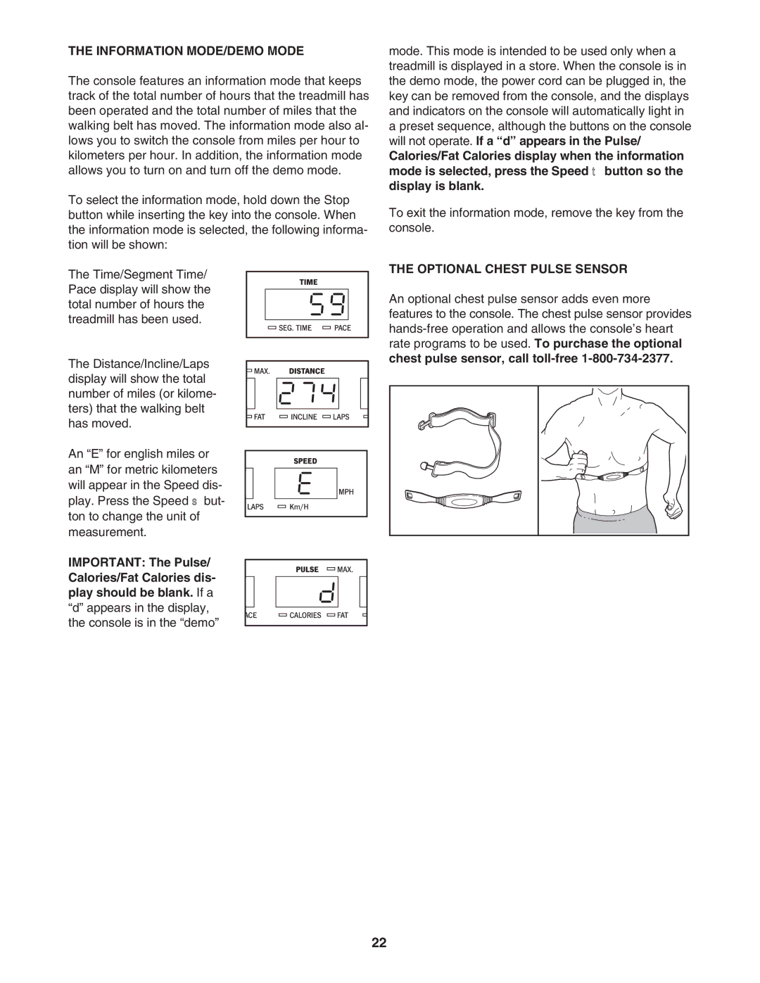 Healthrider HRTL16940 manual Information MODE/DEMO Mode, Optional Chest Pulse Sensor 