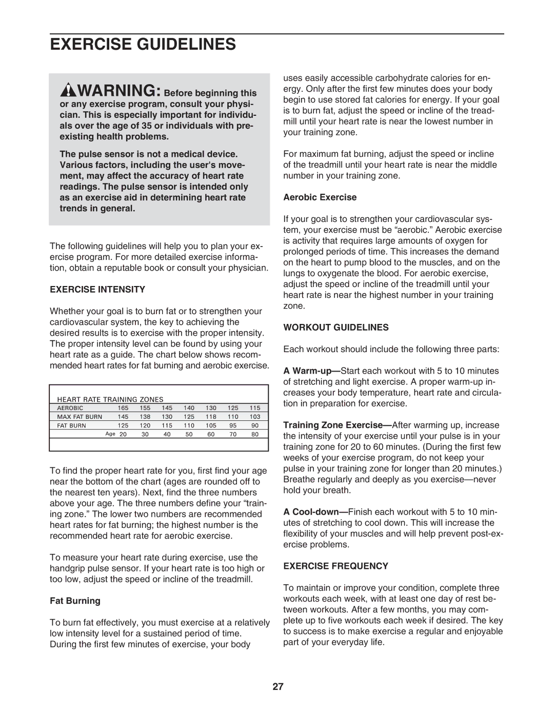 Healthrider HRTL16940 manual Exercise Guidelines, Exercise Intensity, Workout Guidelines, Exercise Frequency 