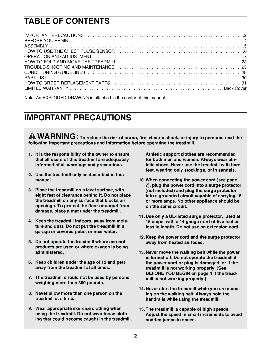 Healthrider HRTL16991 manual Table of Contents, Important Precautions 