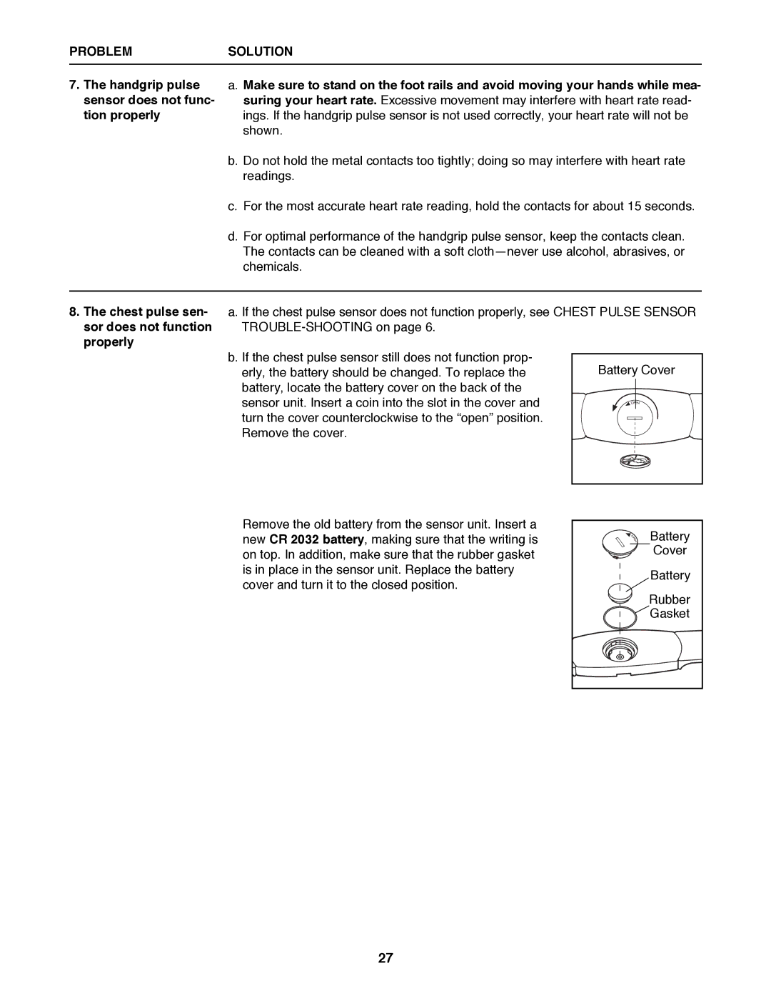 Healthrider HRTL16991 manual Chest pulse sen- sor does not function properly 