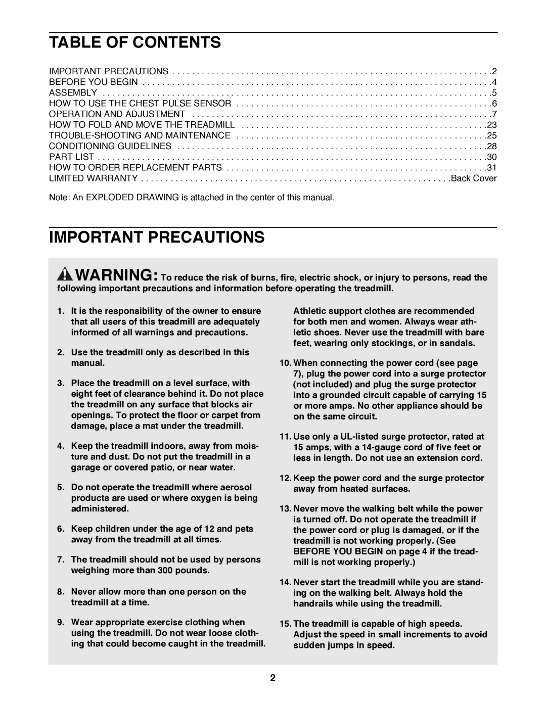 Healthrider HRTL16992 manual Table of Contents, Important Precautions 