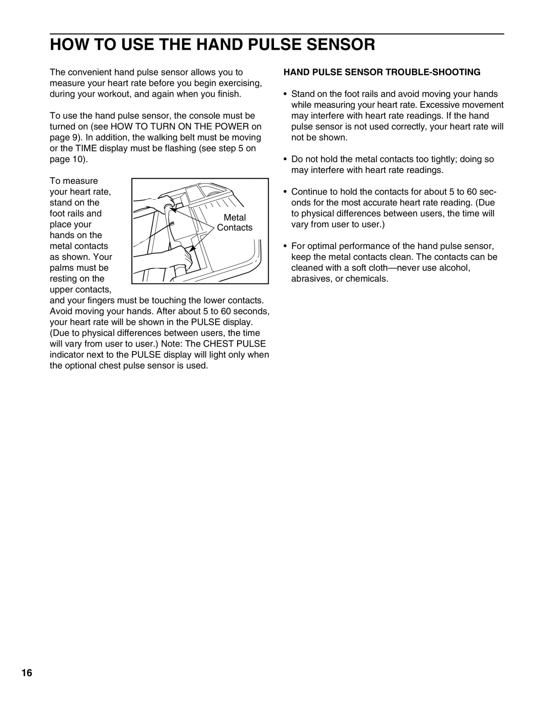 Healthrider HRTL17980 manual HOW to USE the Hand Pulse Sensor, Hand Pulse Sensor TROUBLE-SHOOTING 