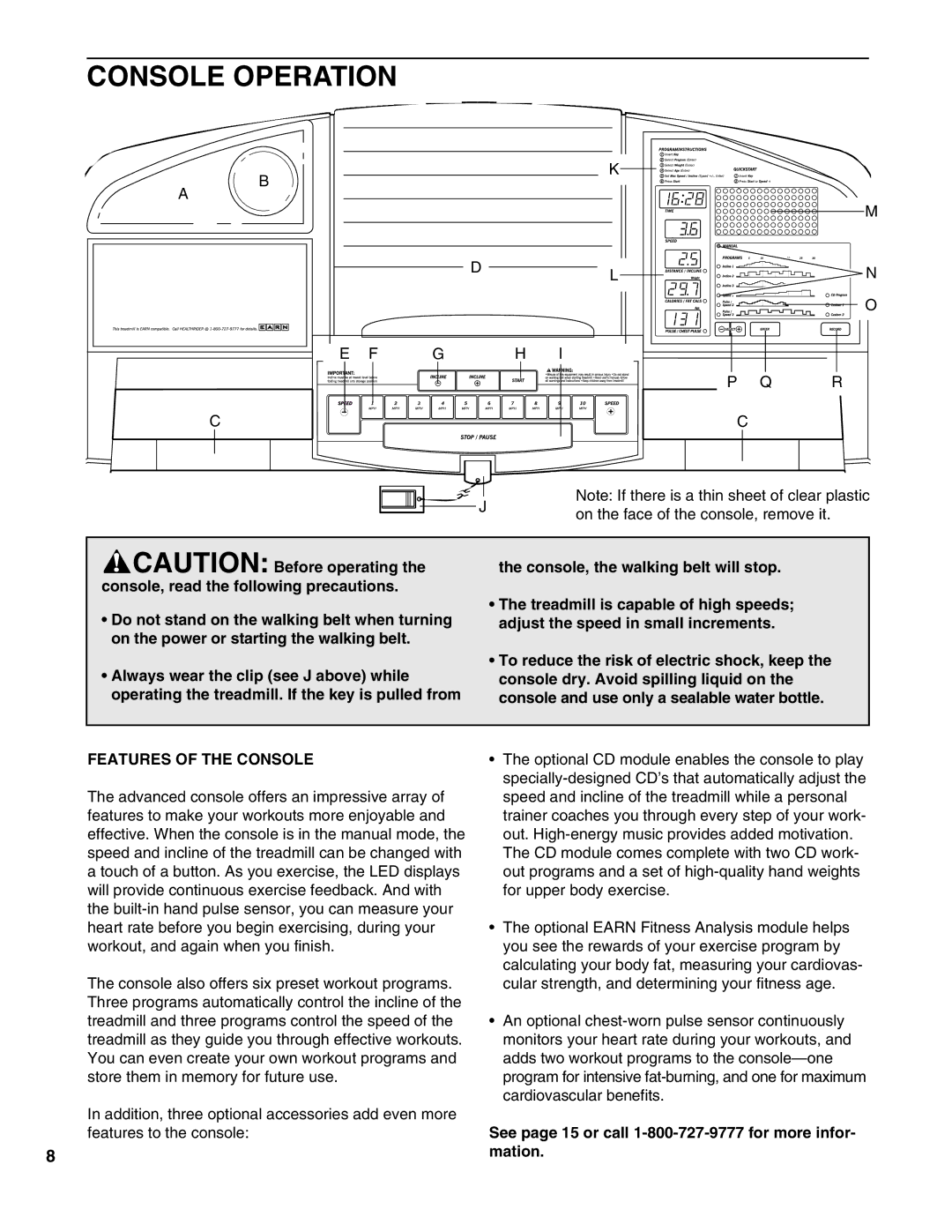 Healthrider HRTL17980 manual Console Operation, Features of the Console 