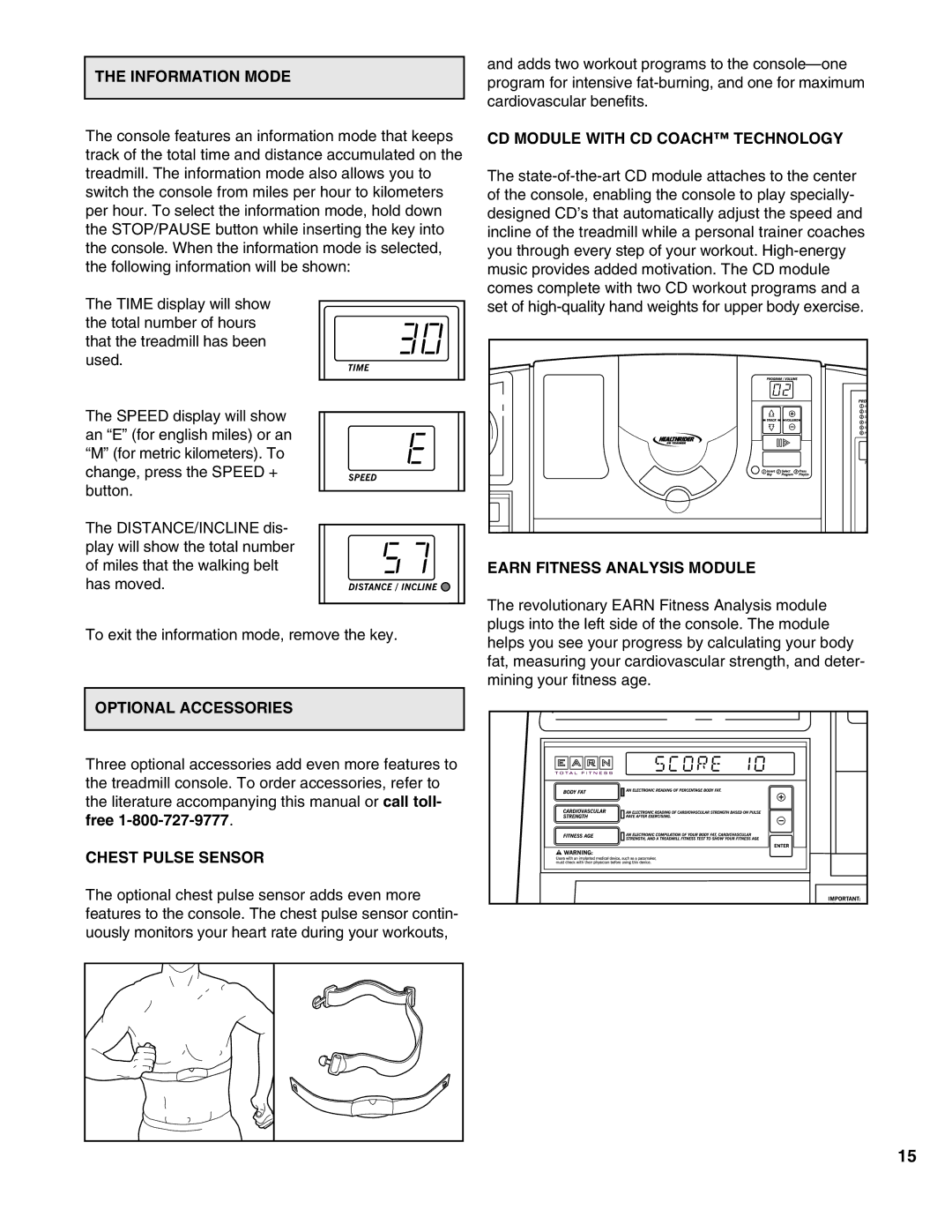 Healthrider HRTL17981 manual Information Mode, CD Module with CD Coach Technology, Earn Fitness Analysis Module 