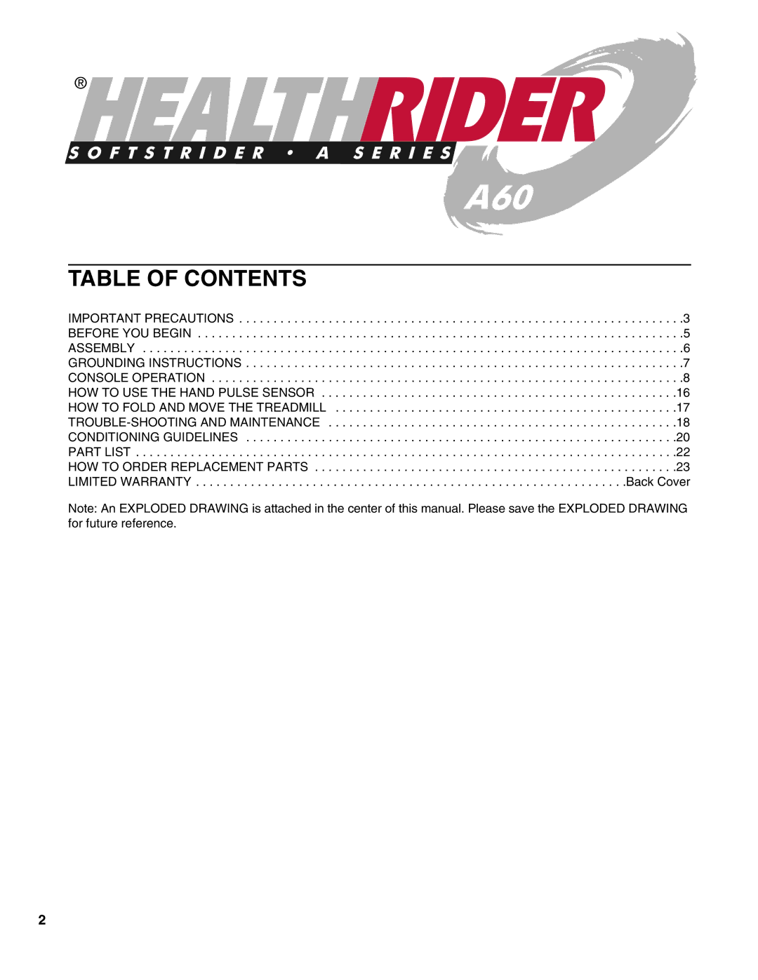 Healthrider HRTL17981 manual Table of Contents 