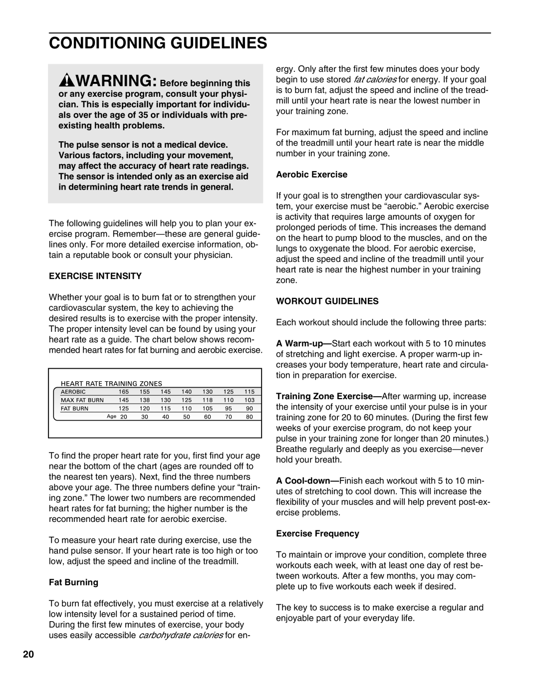 Healthrider HRTL17981 manual Conditioning Guidelines, Exercise Intensity, Workout Guidelines 