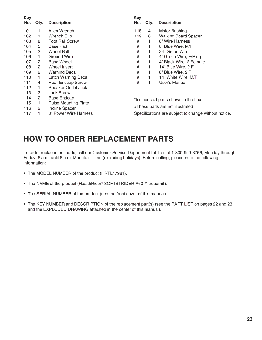 Healthrider HRTL17981 manual HOW to Order Replacement Parts 