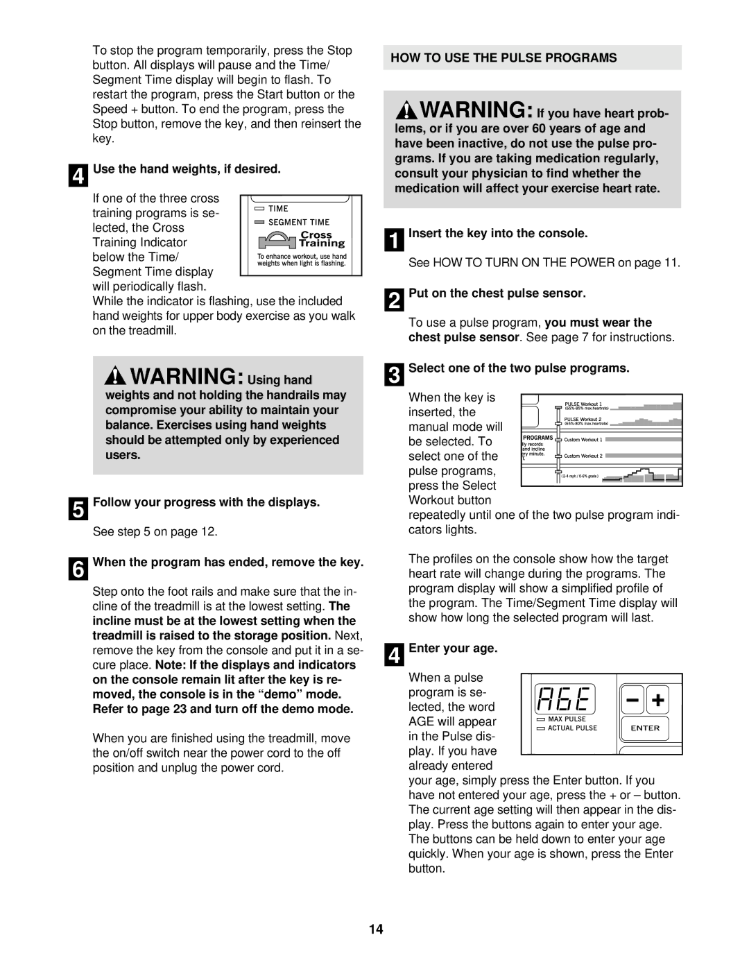 Healthrider HRTL19913 manual 4Use the hand weights, if desired, Using hand, Follow your progress with the displays 