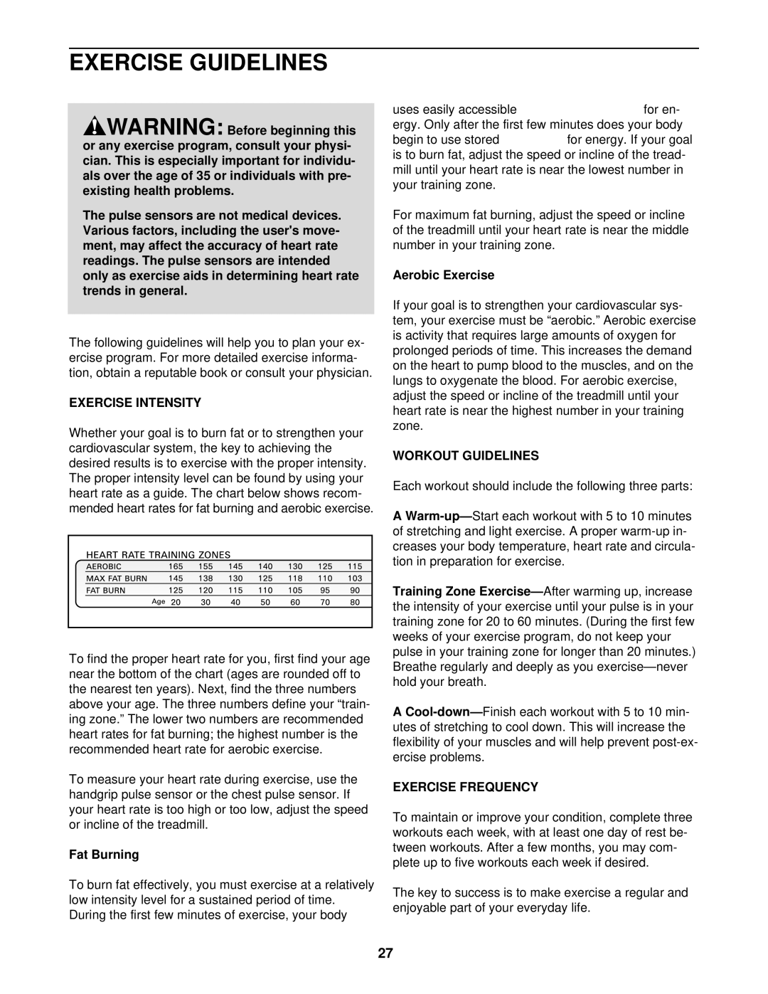 Healthrider HRTL19913 manual Exercise Guidelines, Exercise Intensity, Workout Guidelines, Exercise Frequency 