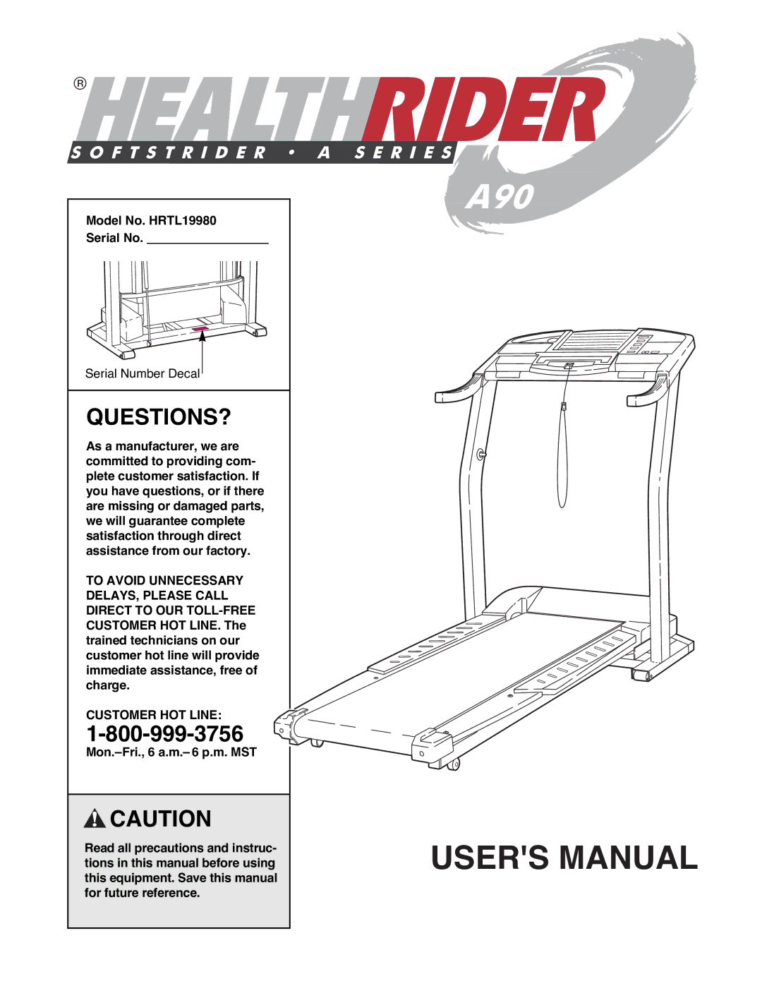 Healthrider manual Questions?, Model No. HRTL19980 Serial No, Customer HOT Line 