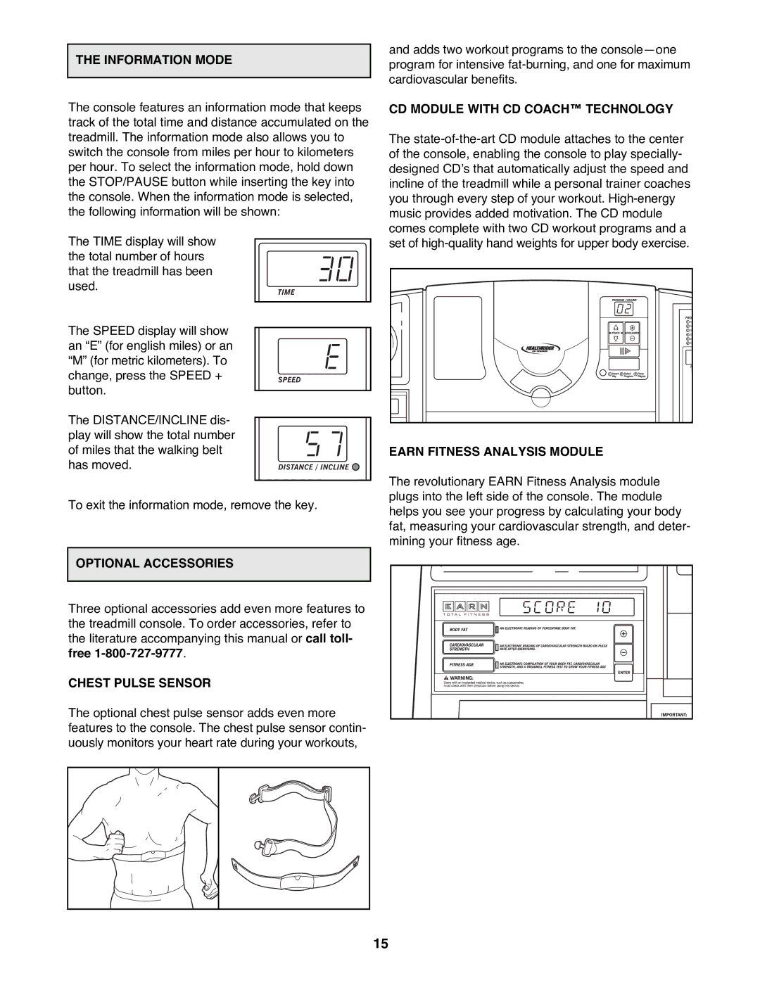 Healthrider HRTL19980 manual Information Mode, CD Module with CD COACHª Technology, Earn Fitness Analysis Module 