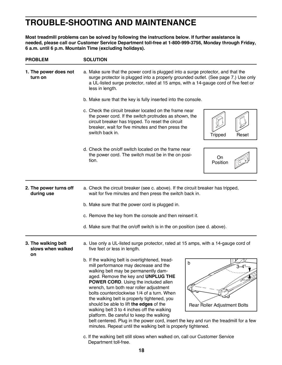 Healthrider HRTL19980 manual TROUBLE-SHOOTING and Maintenance, Problemsolution 