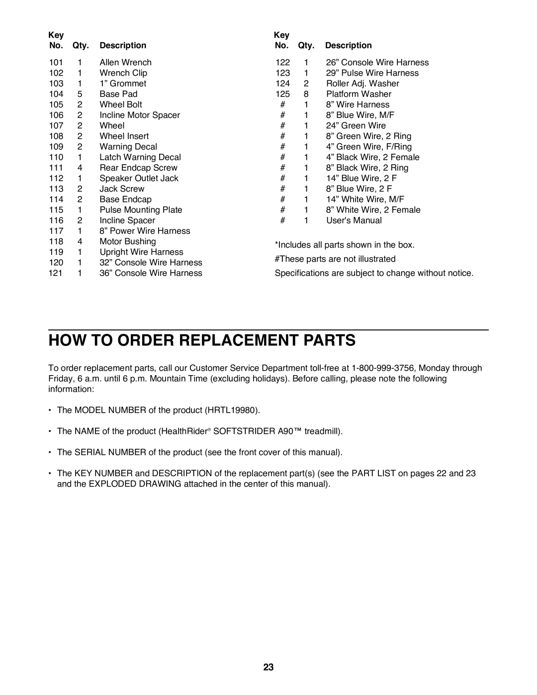 Healthrider HRTL19980 manual HOW to Order Replacement Parts 