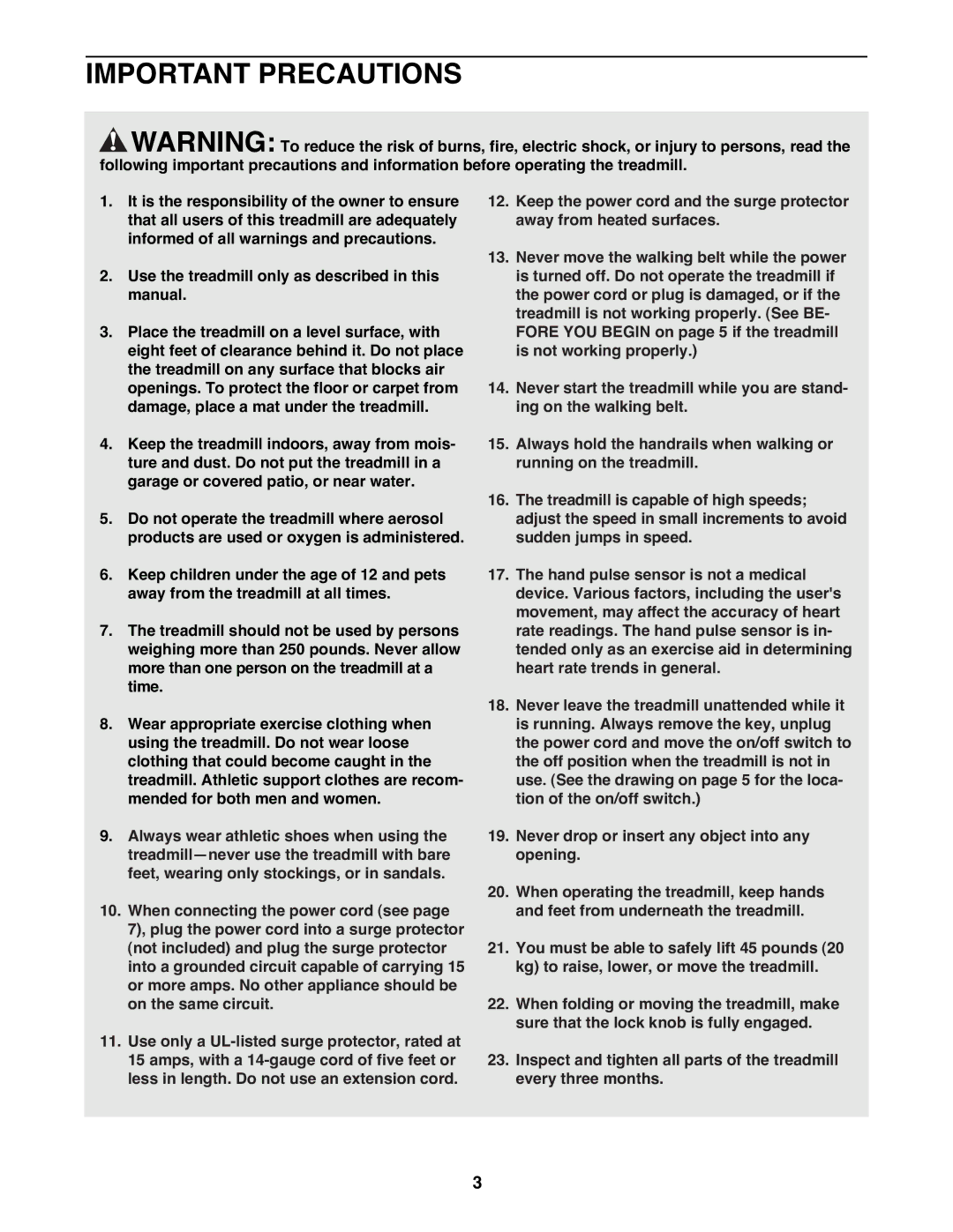 Healthrider HRTL19980 manual Important Precautions 