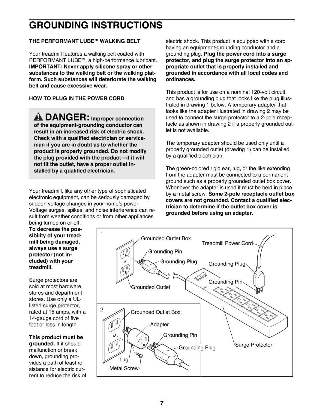 Healthrider HRTL19980 manual Grounding Instructions, Performant Lubetm Walking Belt, HOW to Plug in the Power Cord 