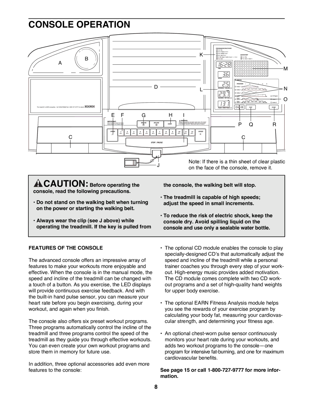 Healthrider HRTL19980 manual Console Operation, Features of the Console 