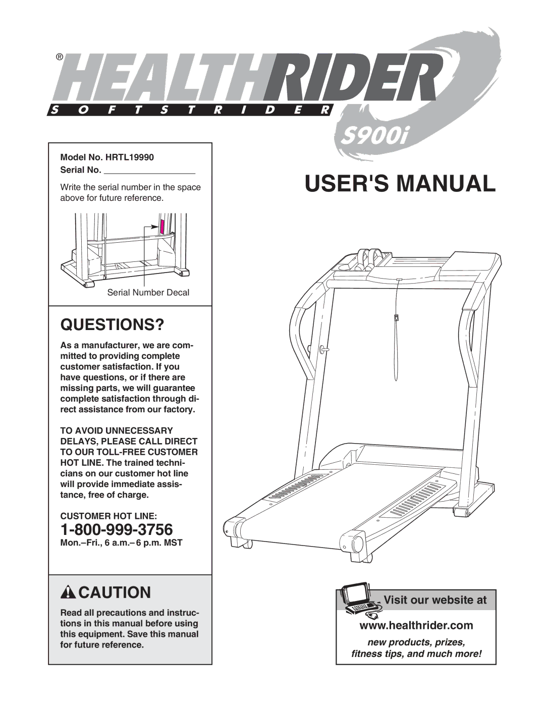 Healthrider manual Questions?, Model No. HRTL19990 Serial No, Customer HOT Line 