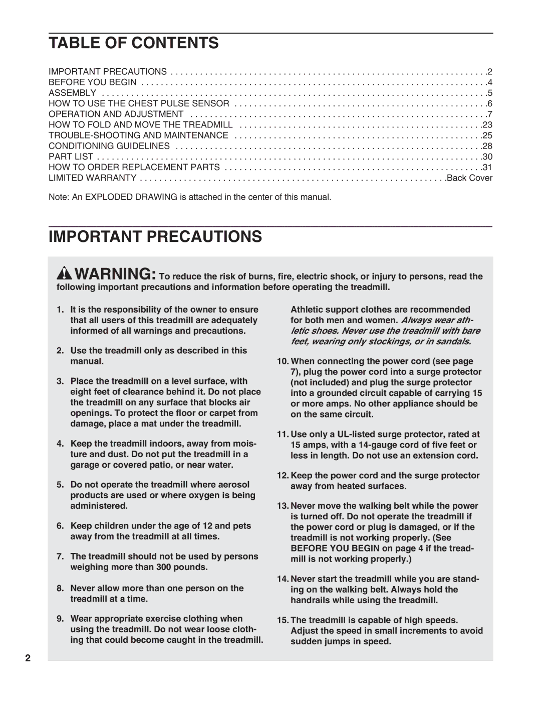 Healthrider HRTL19990 manual Table of Contents, Important Precautions 