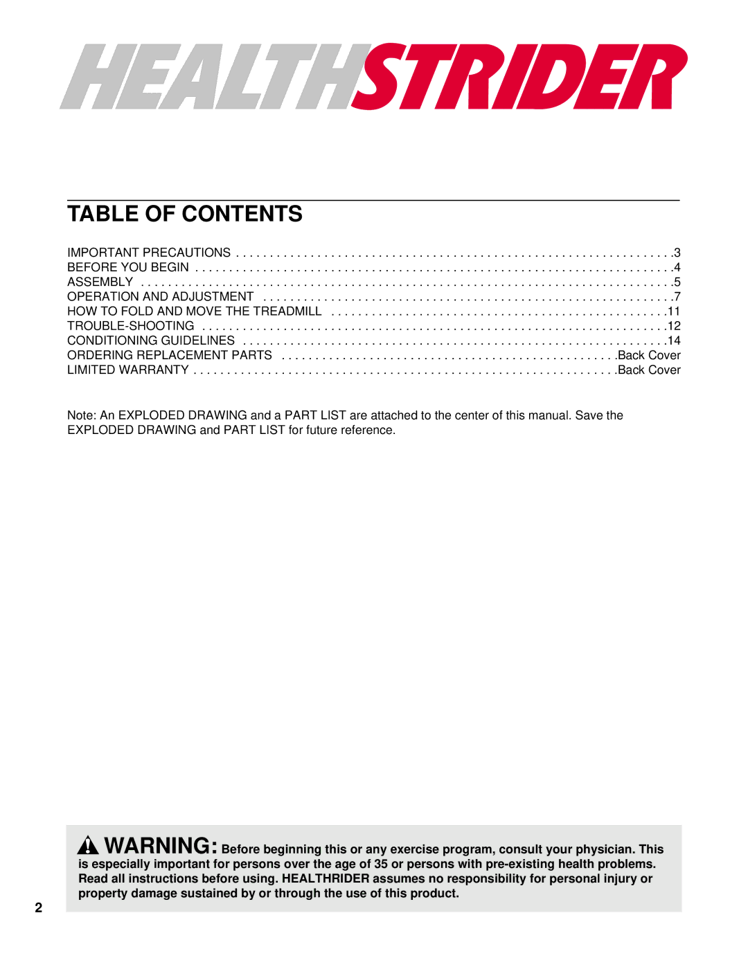 Healthrider HRTL20001 manual Table of Contents 